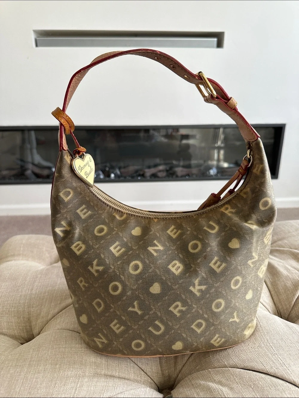 Dooney & Bourke Brown Logo Hobo with Pink Trim